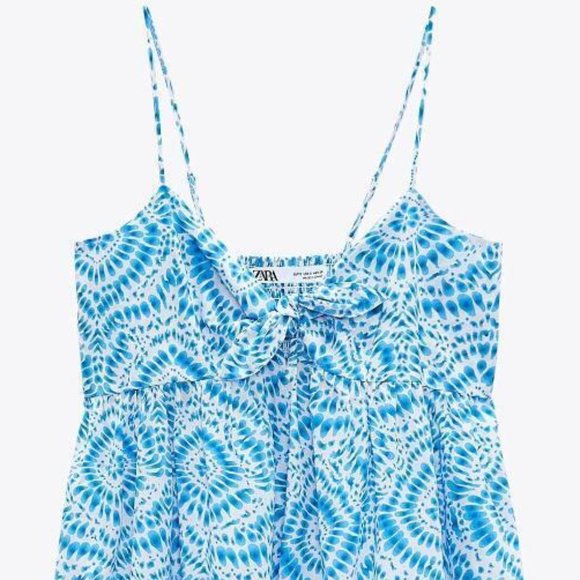 Women's Zara Blue Strappy V-Neck Knot Tie Cotton Maxi Printed Sip Dress Size XL - Picture 4 of 10